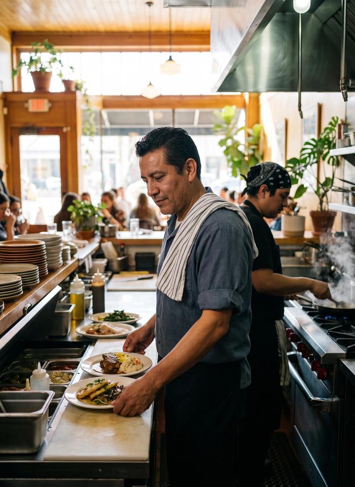A restaurant owner checking plates at the pass during the lunch rush