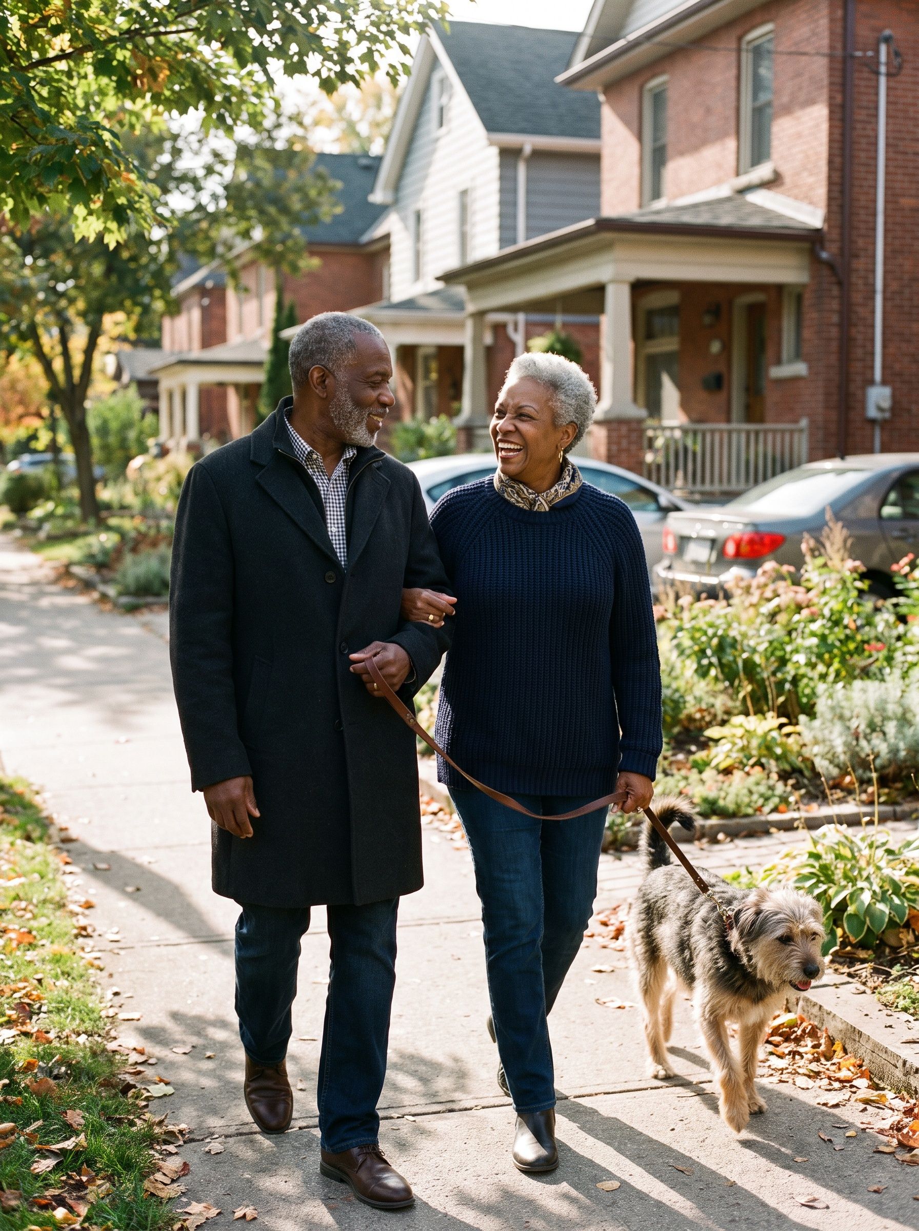 An older couple walking their dog arm in arm down a leafy street