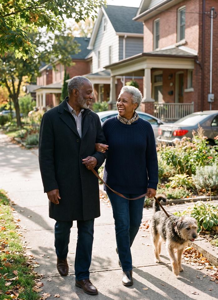 An older couple walking their dog arm in arm down a leafy street