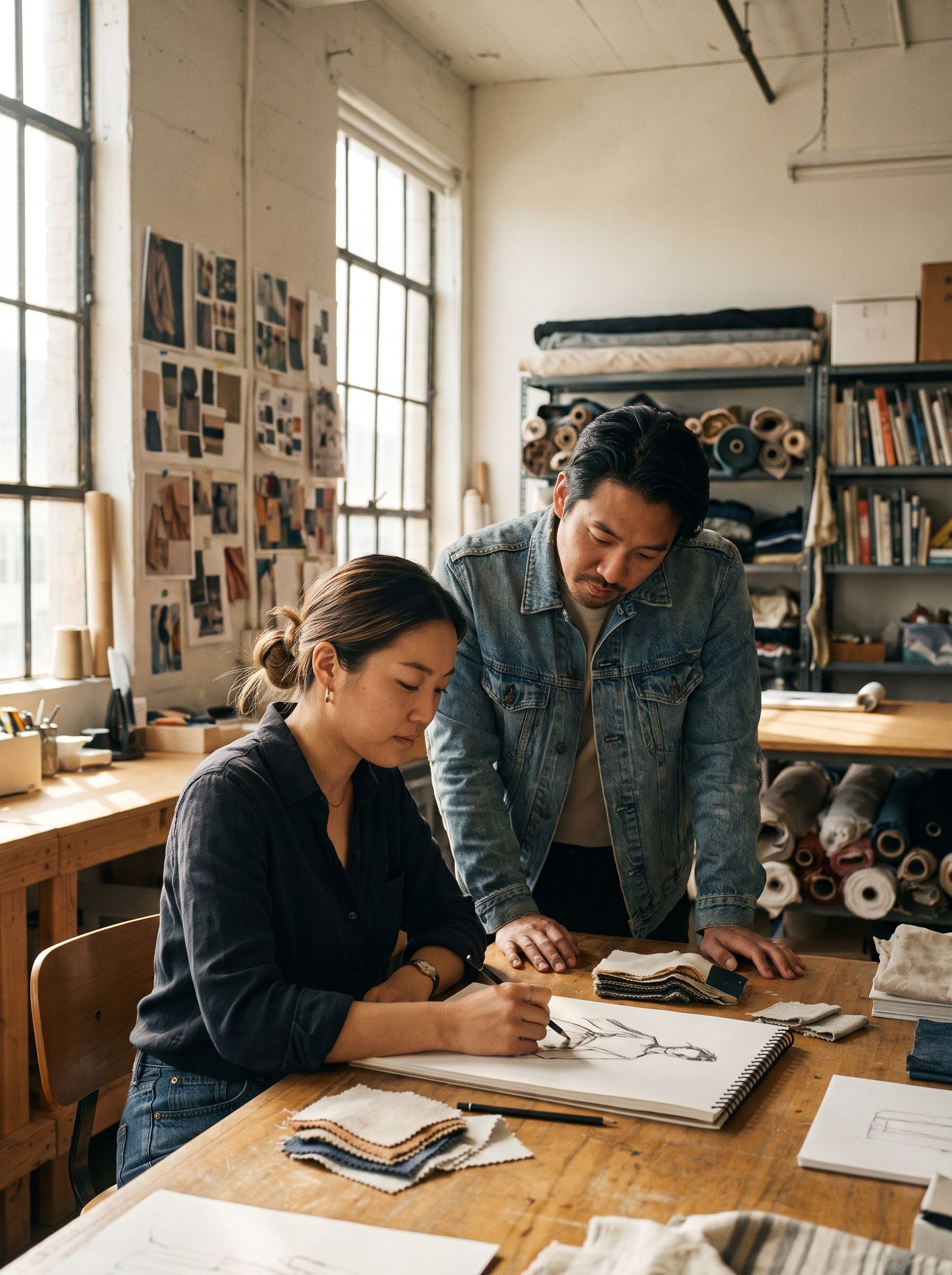 A designer sketching at a studio table while a colleague leans in to look
