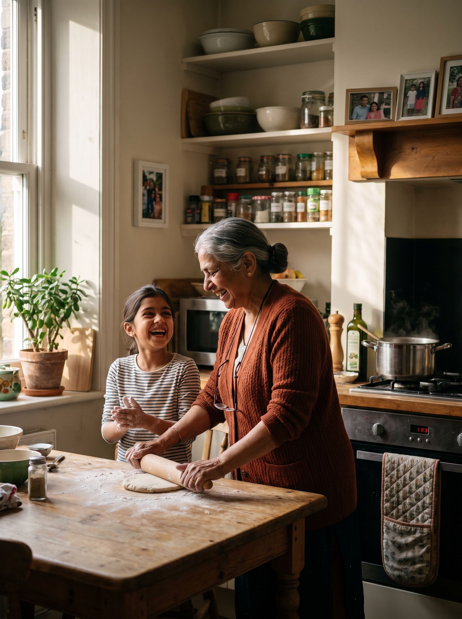 A grandmother rolling out dough with her granddaughter in a sunny kitchen