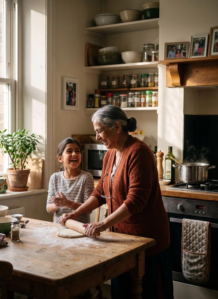 A grandmother rolling out dough with her granddaughter in a sunny kitchen