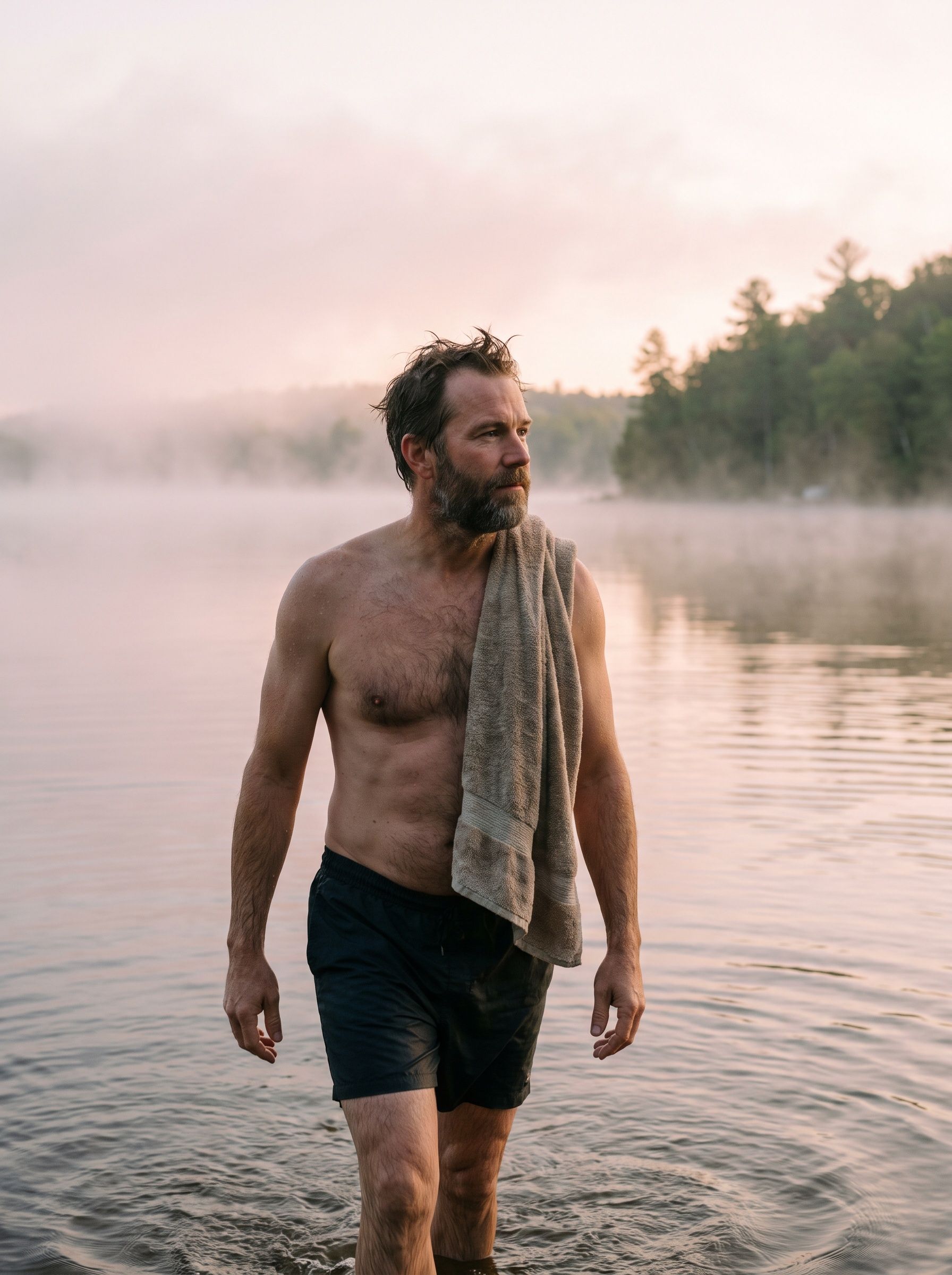 A man wading out of a misty lake after a dawn swim