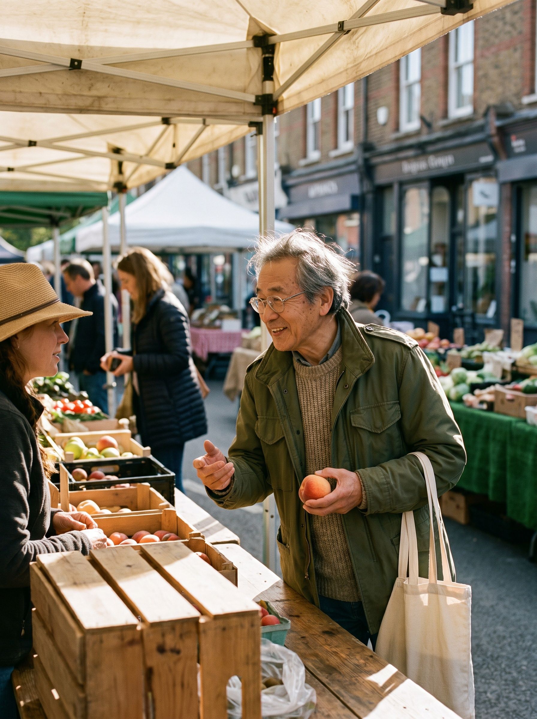 A man choosing peaches at a farmers market stall