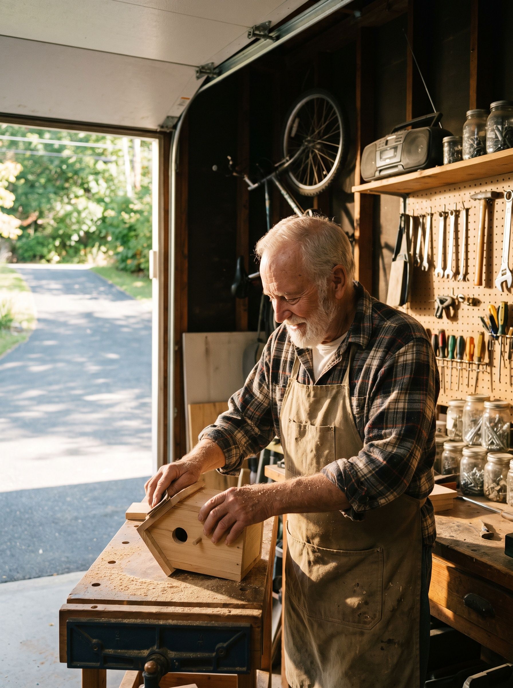 A man sanding a birdhouse at the workbench in his garage