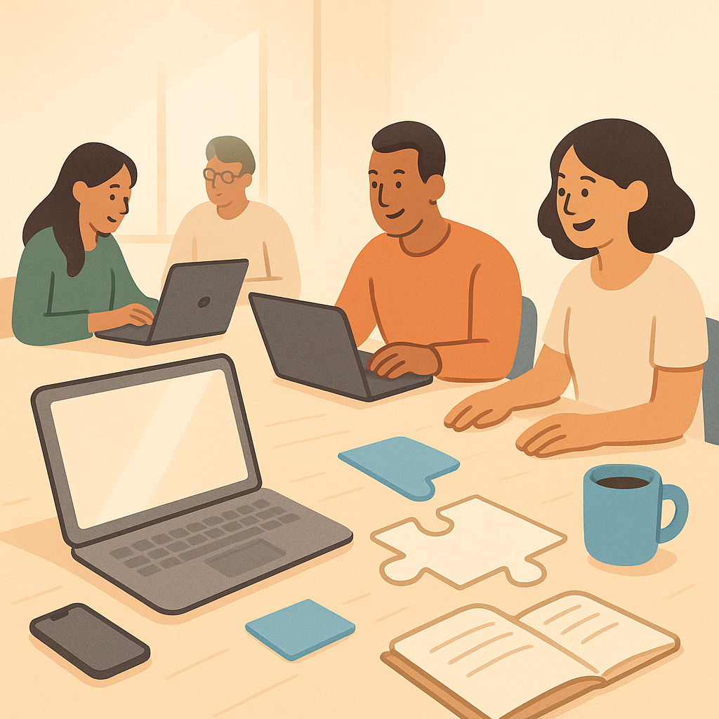 Illustrated group of four coworkers sitting around a table using laptops, collaborating in a warm, sunlit room.
