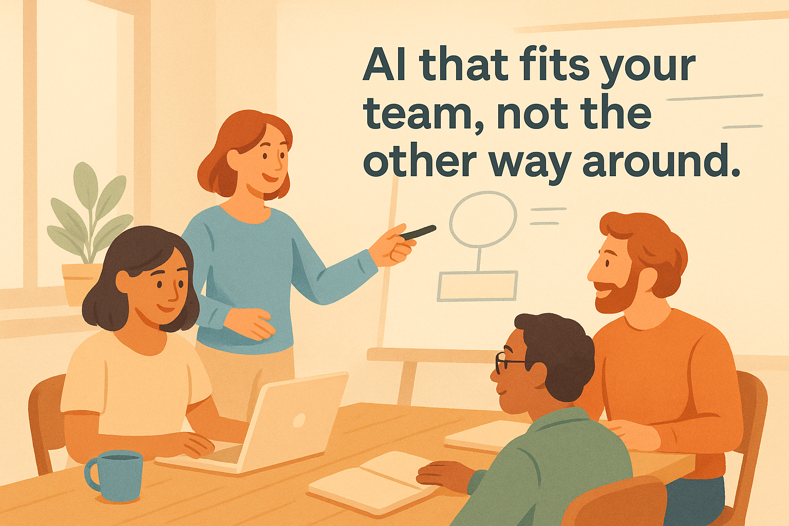 Illustrated team in a casual meeting setting with a woman presenting in front of a whiteboard; overlay text reads “AI that fits your team, not the other way around.”
