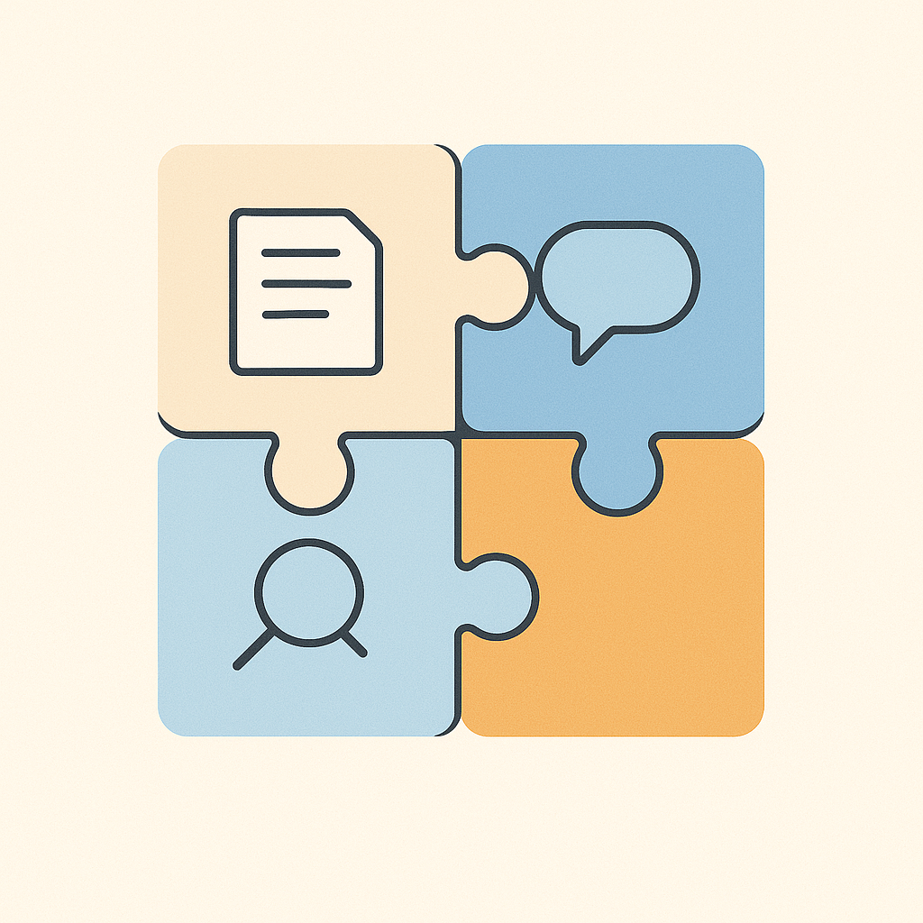 Illustration of four interlocking puzzle pieces, each containing an icon: a document, a speech bubble, a magnifying glass, and a blank orange tile—representing how AI tools fit together to support SMB workflows like content, communication, and research.