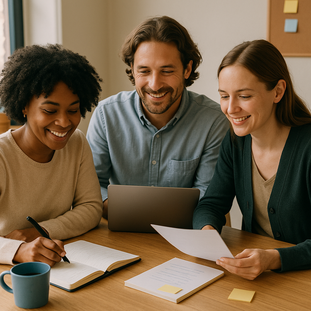 Small team reviewing their own progress and small wins in adopting AI-powered workflows.”