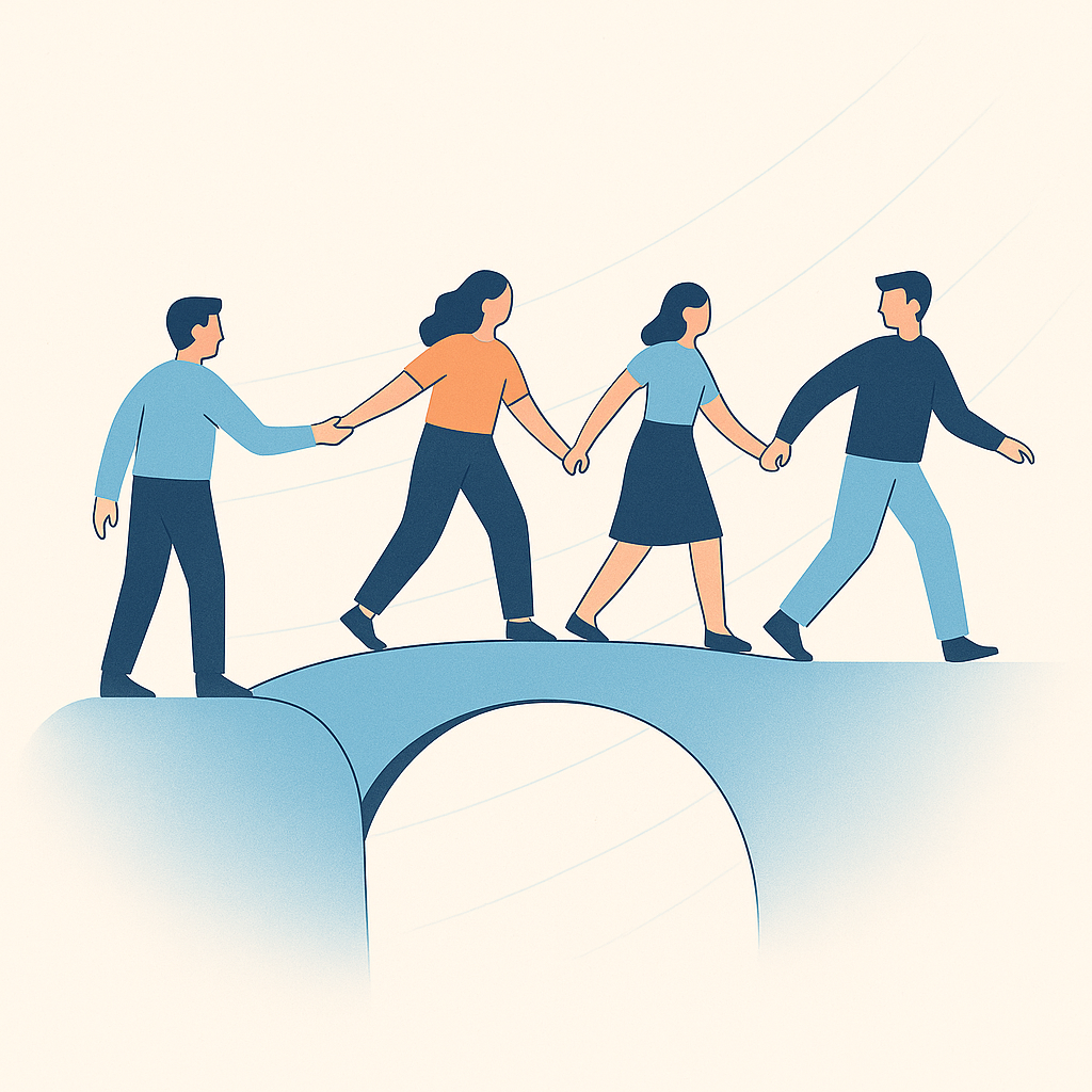Illustration of four people holding hands and walking together across an arched bridge, symbolizing teamwork, support, and helping small businesses cross the AI adoption gap.
