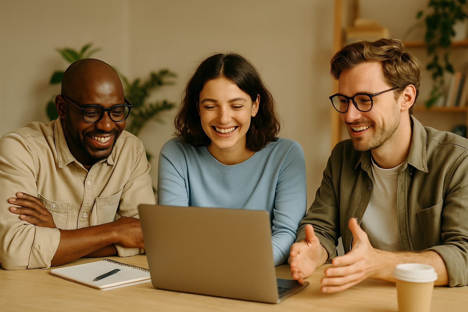 Three colleagues smiling and collaborating around a laptop in a warm, well-lit office—capturing a people-first approach to teamwork and technology.