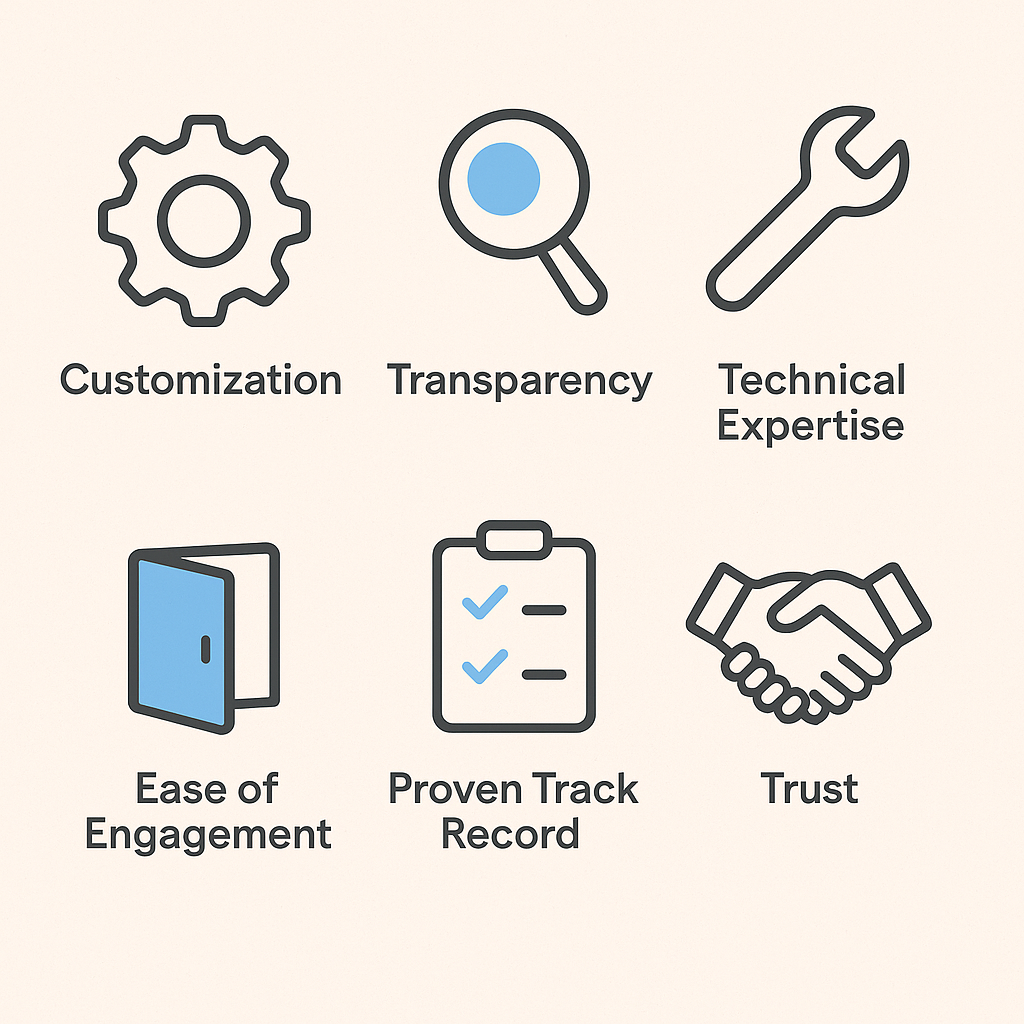 Six icon illustrations representing key SMB priorities in an AI partner: Customization, Transparency, Technical Expertise, Ease of Engagement, Proven Track Record, and Trust.