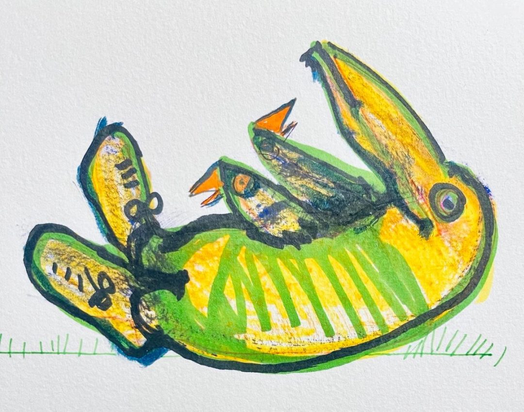 Drawing No. 1,741, 'Grandpa kept the chicks amused so they wouldn't look up at the darkening sky.', posted APR 8, 2024