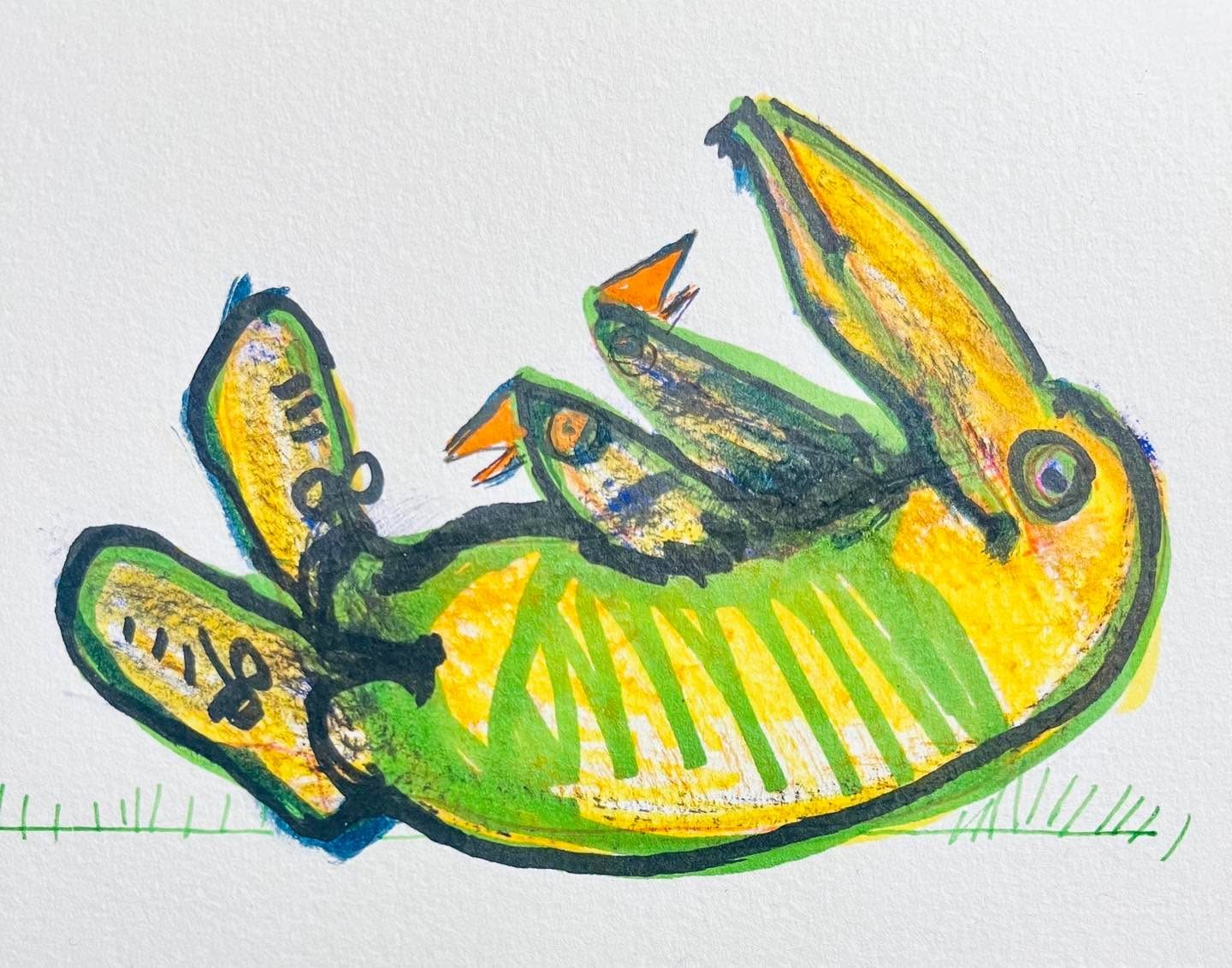 Drawing No. 1,741, 'Grandpa kept the chicks amused so they wouldn't look up at the darkening sky.', posted APR 8, 2024