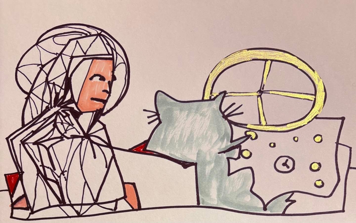 Drawing No. 2,738, 'For Connie-Jo, it was a struggle to teach Muffin how to pilot a commercial plane.', posted OCT 5, 2026