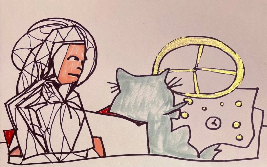 Drawing No. 2,738, 'For Connie-Jo, it was a struggle to teach Muffin how to pilot a commercial plane.', posted OCT 5, 2026