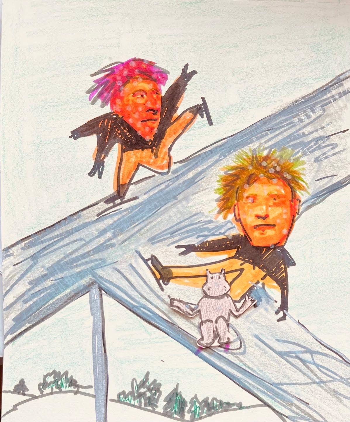 Drawing No. 1,355, 'The sixth grade polka dot gang skipped school for one more day of downhill skate jumping.', posted APR 7, 2023