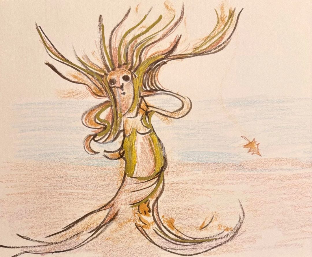 Drawing No. 2,385, 'Lady Driftwood found the Autumn beach scene less than exhilarating.', posted DEC 3, 2025