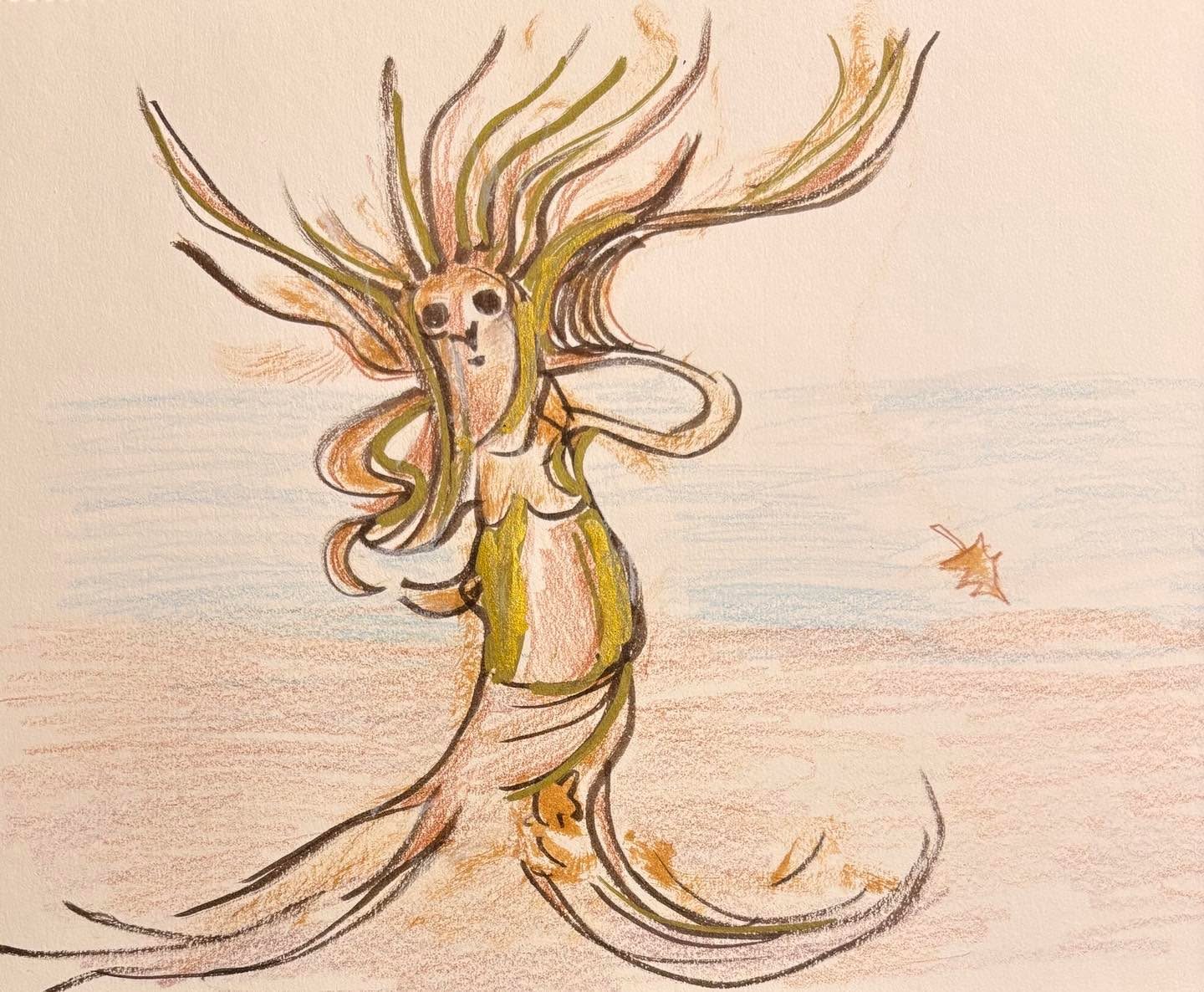 Drawing No. 2,385, 'Lady Driftwood found the Autumn beach scene less than exhilarating.', posted DEC 3, 2025