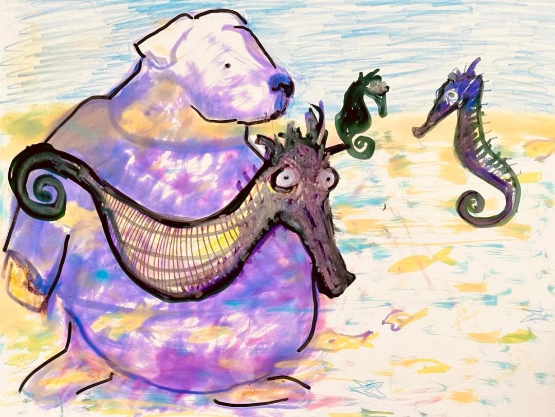 Drawing No. 1,378, 'Thanks to Crocker's coaching, the seahorses were favored to win the dog-paddle as well as their regular swimming events.', posted APR 29, 2023