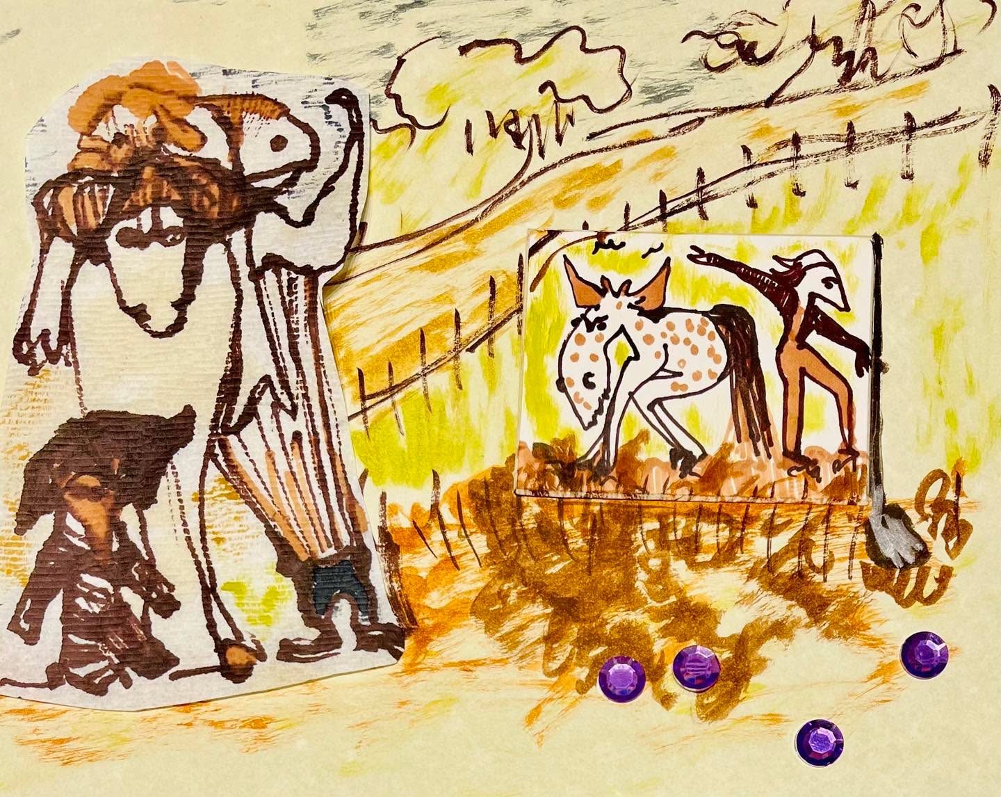Drawing No. 1,300, 'It was a vexing Friday: Brendan lost his sure-to-win arm-wrestling match, and the twins forgot where they'd buried the amethysts.', posted FEB 10, 2023