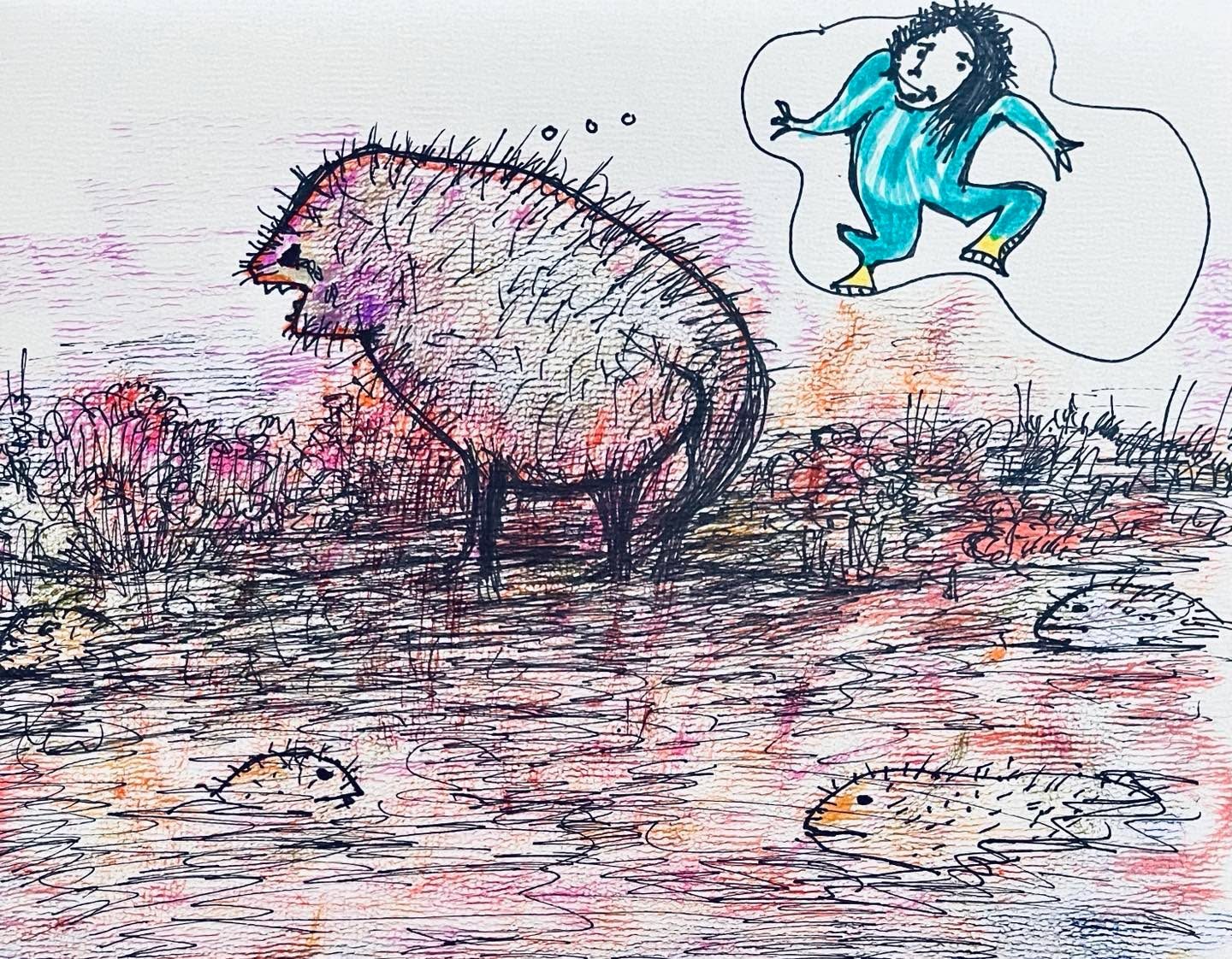 Drawing No. 1,482, 'Emerson longed to meet someone who wasn't another water porcupine.', posted AUG 7, 2023