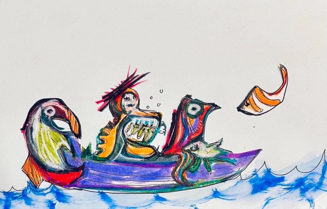 Drawing No. 1,911, 'Teague, always a fish out of water, finally found his exact perfect friend group.', posted SEP 14, 2024