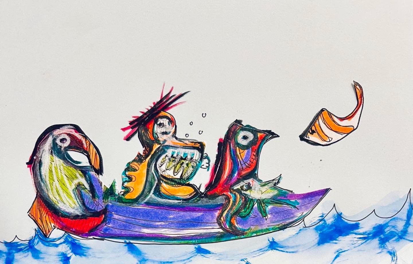 Drawing No. 1,911, 'Teague, always a fish out of water, finally found his exact perfect friend group.', posted SEP 14, 2024