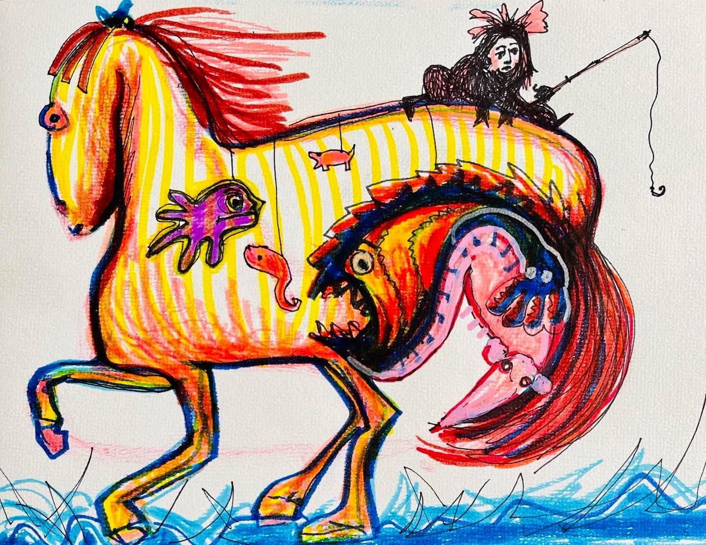 Drawing No. 1,478, 'Using a horse instead of a rowboat made fishing brand new for Emily.', posted AUG 3, 2023