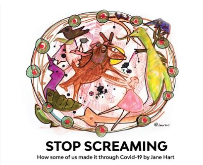 Cover of Stop Screaming by Jane Hart, with a colourful drawing of figures.