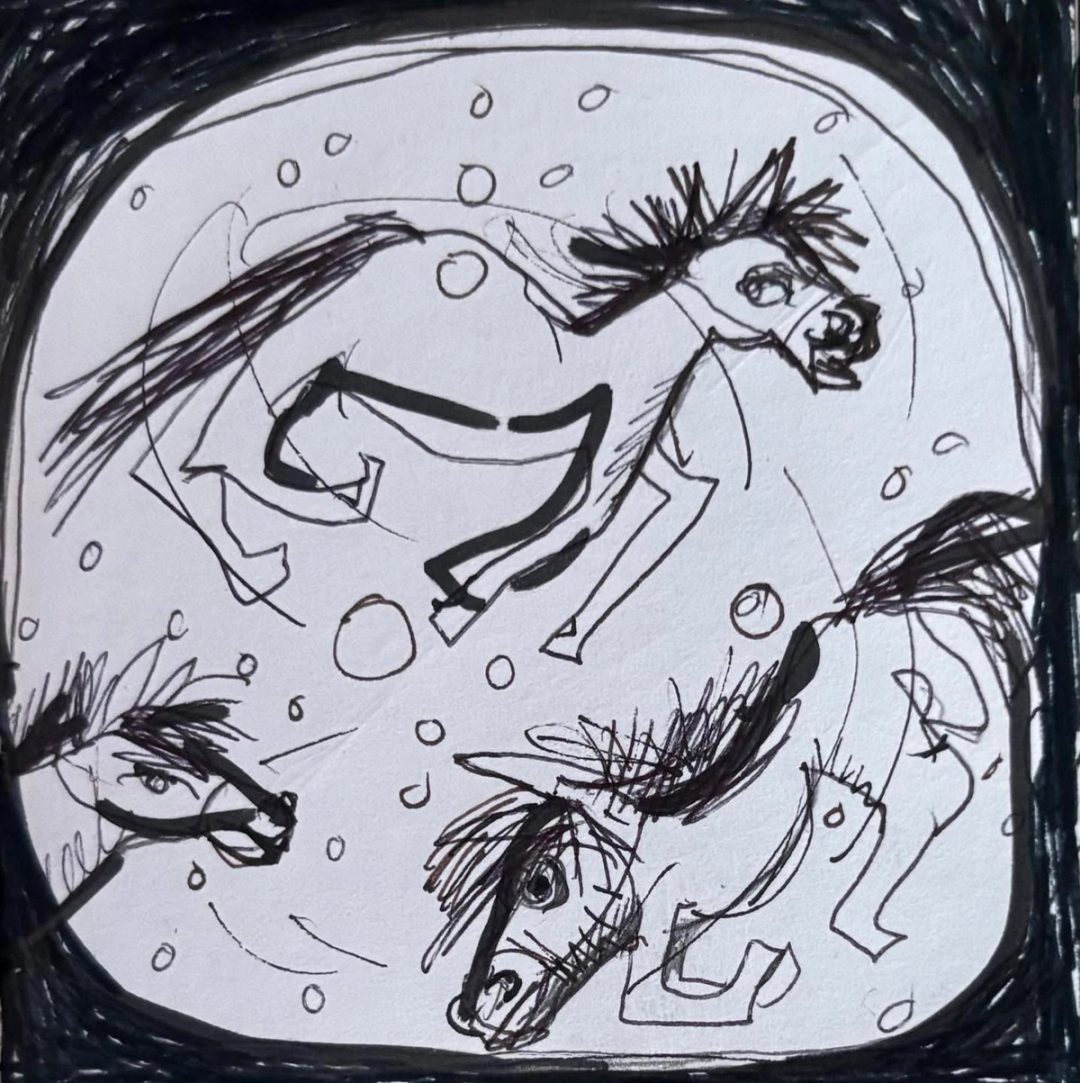 Drawing No. 2,468, 'Bunny turned her old black and white tv into a little horse laundry.', posted FEB 17, 2026