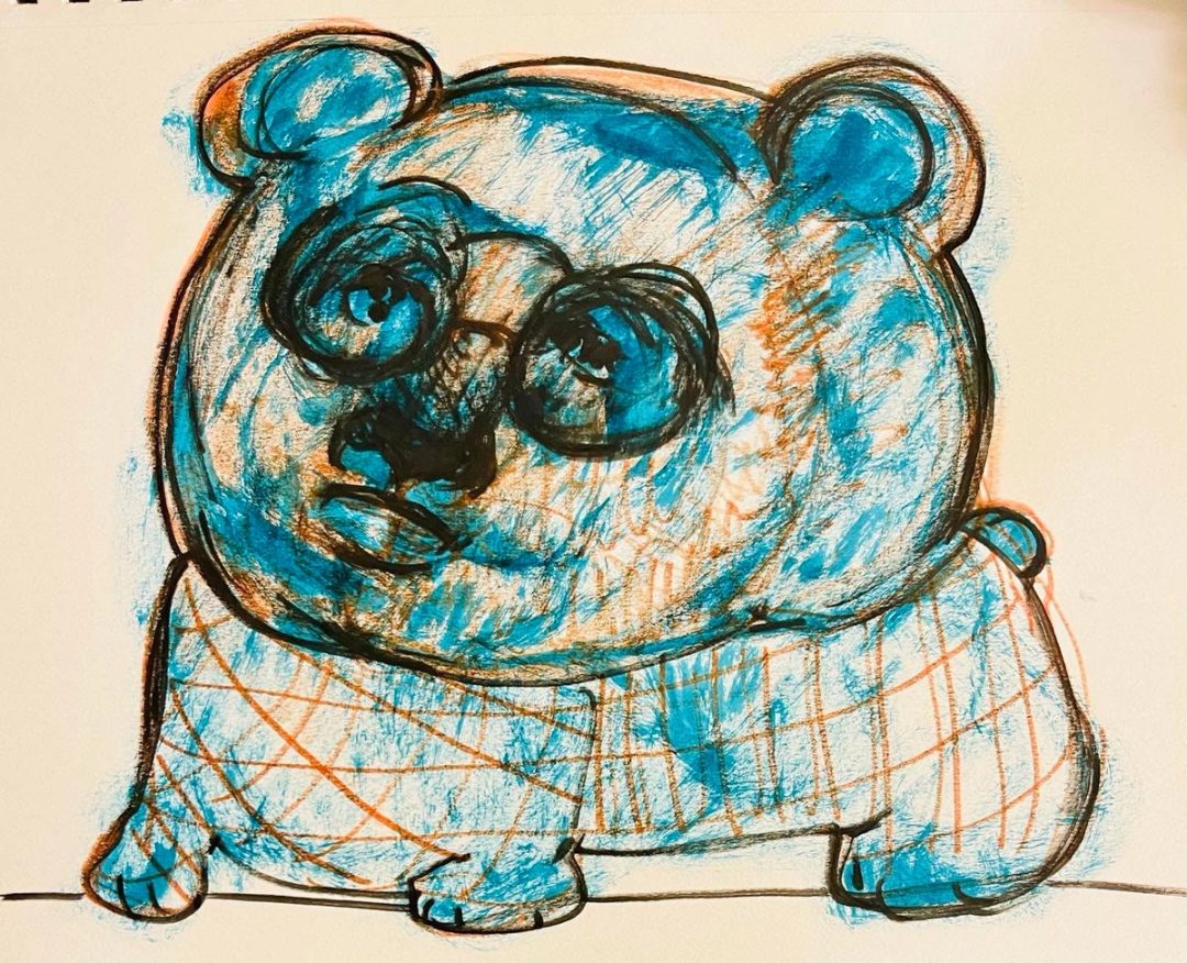Drawing No. 1,863, 'A burned out Care Bear, Ted was taking meds for his Compassion Fatigue.', posted AUG 1, 2024