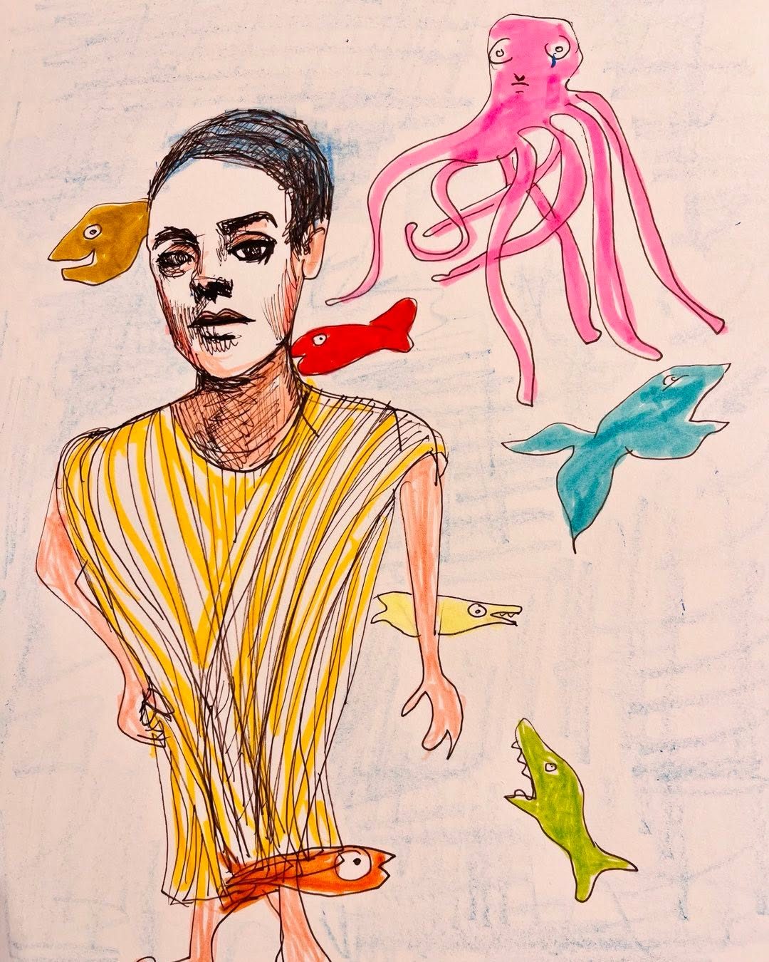 Drawing No. 1,495, 'Cecile was dismayed to learn that the spa shared a pool with a sushi take-out.', posted AUG 21, 2023