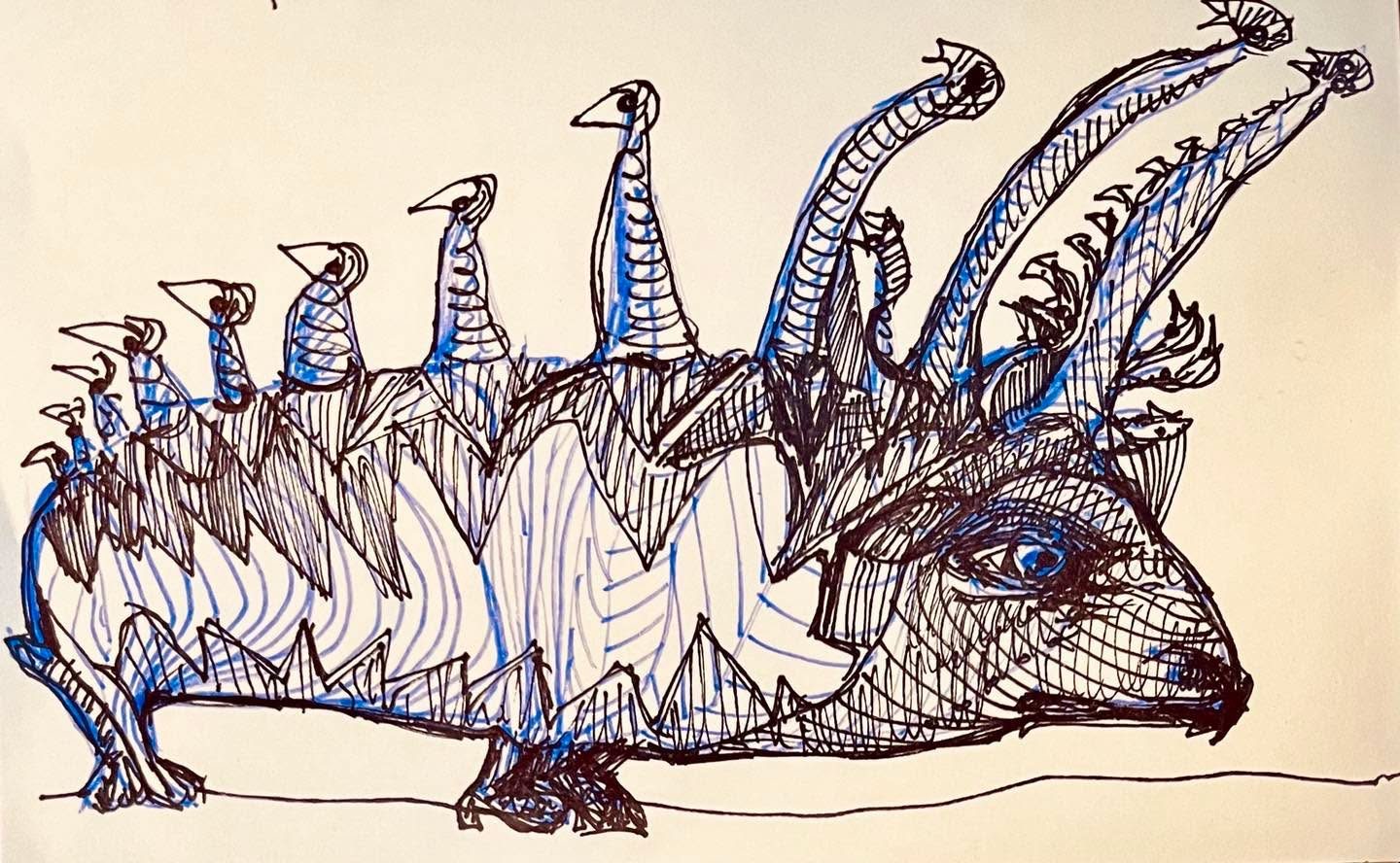 Drawing No. 1,669, 'Mrs. Terwilliger had many more tick birds than ticks.', posted JAN 31, 2024