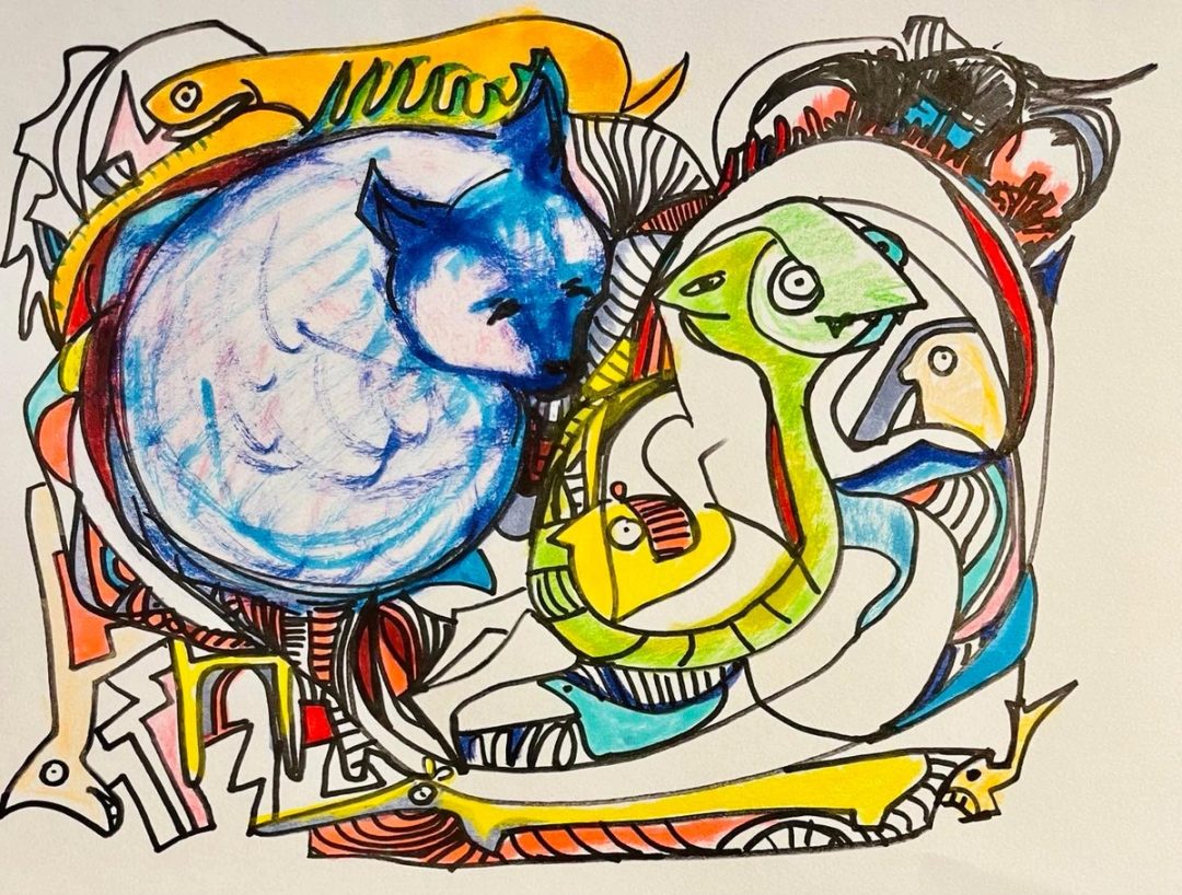 Drawing No. 1,377, 'Fluff had her spicy cat food dream again.', posted APR 28, 2023