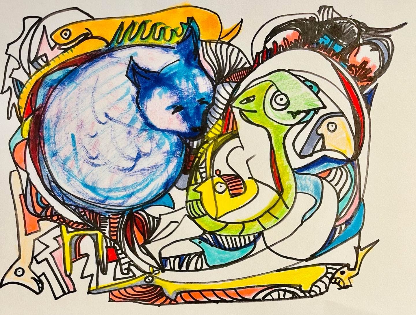 Drawing No. 1,377, 'Fluff had her spicy cat food dream again.', posted APR 28, 2023