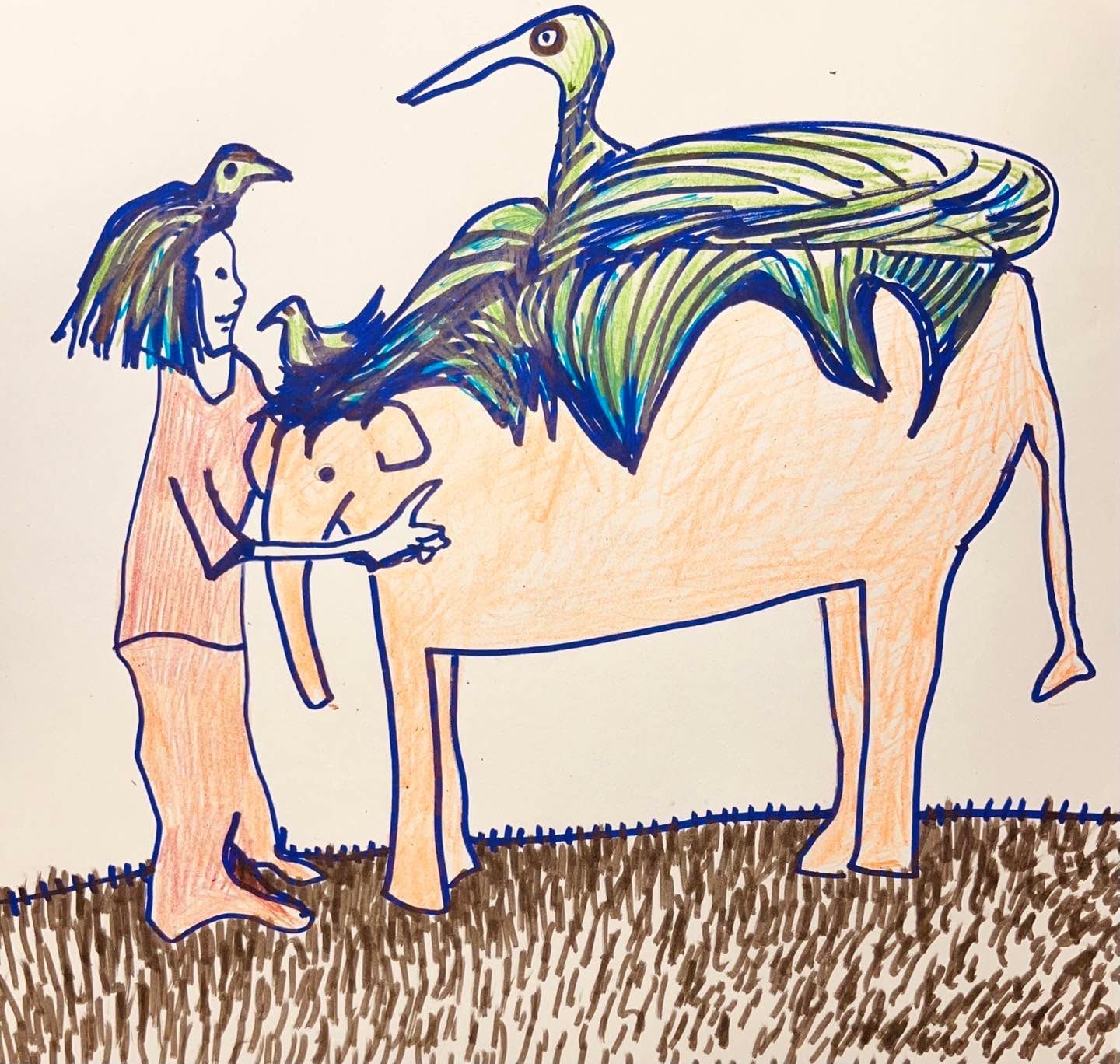 Drawing No. 1,261, 'Cassie and Jumbo thought bird migration seemed late this year.', posted JAN 4, 2023