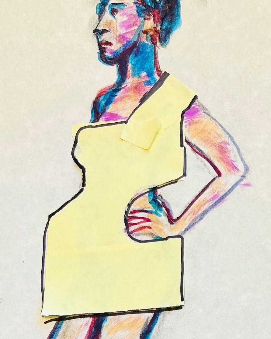 Drawing No. 1,346, 'Penny-wise and clever, Connie used Post-Its for her new Spring outfit.', posted MAR 29, 2023