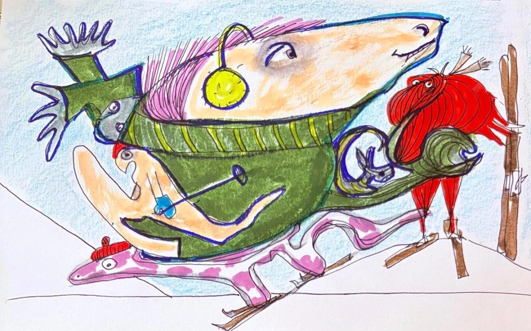Drawing No. 2,450, 'By 6 a.m., Muskin's favorite trails were packed.', posted FEB 1, 2026