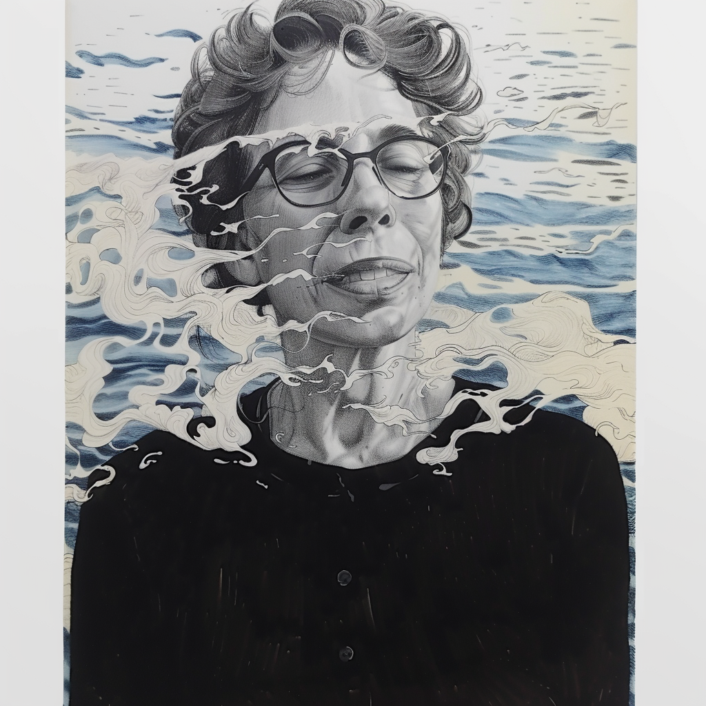Portrait of Jane Hart: an older woman with short grey hair in a dark top, painted against a sea of white and blue brushstrokes.