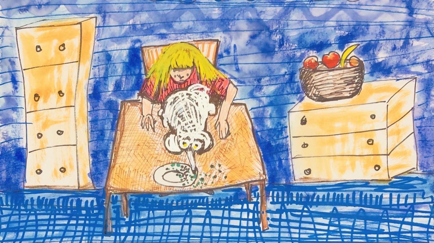 Drawing No. 701, 'Eliza made sure Gary’s ants were fresh from the green market.', posted JUL 14, 2021