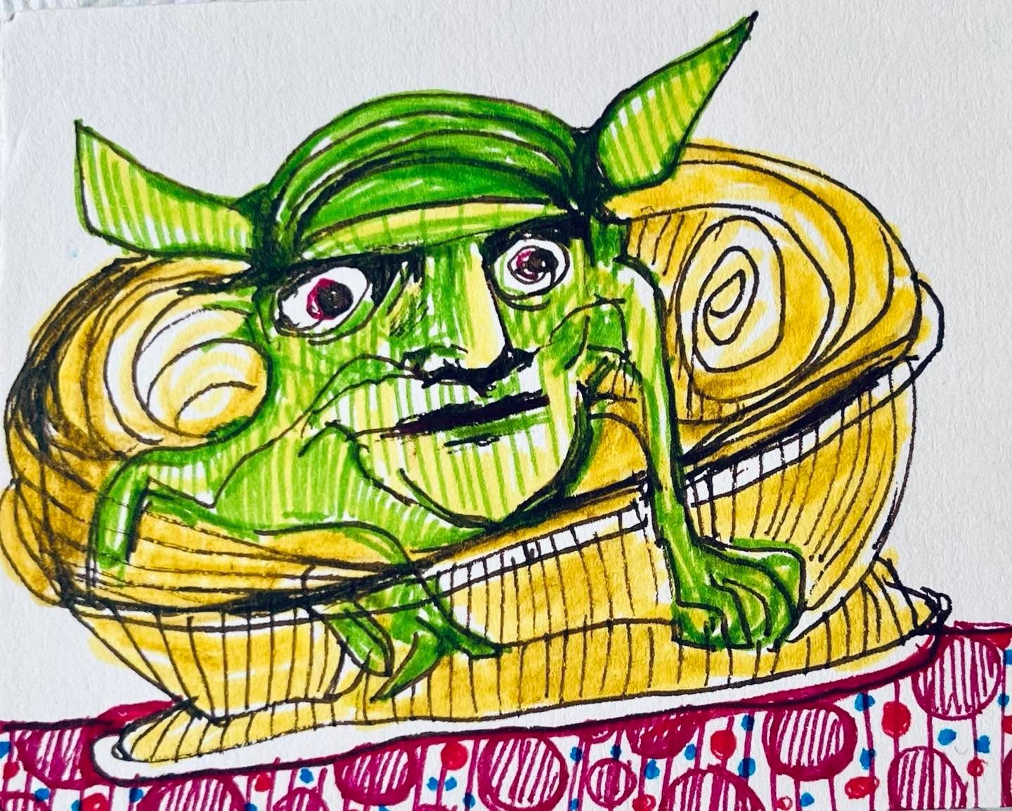 Drawing No. 1,385, 'The banana muffin was best for Auntie's sciatica.', posted MAY 4, 2023