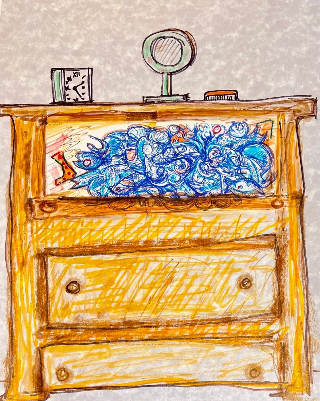 Drawing No. 1,214, 'With zero storage space in his tiny apartment, Chuck had to keep wildlife in his sock drawer.', posted NOV 20, 2022