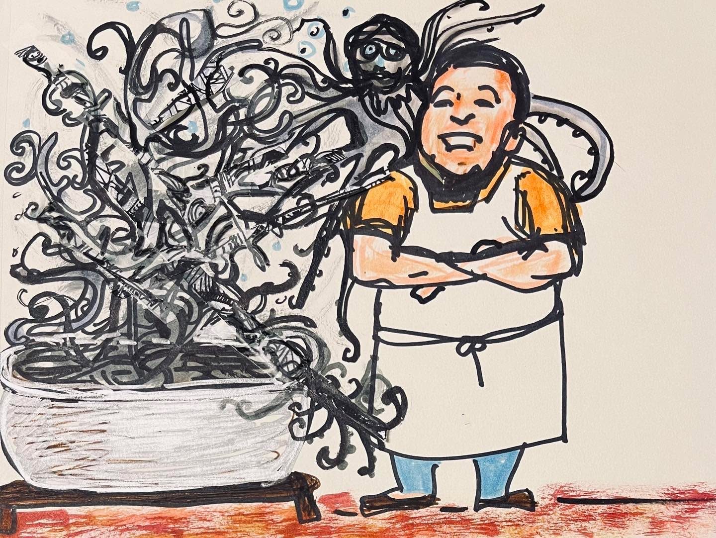 Drawing No. 1,370, 'This was just a photo shoot; thanks to the modern miracle of artificial coloring, no squid were harmed in making Joey's squid ink pasta.', posted APR 22, 2023