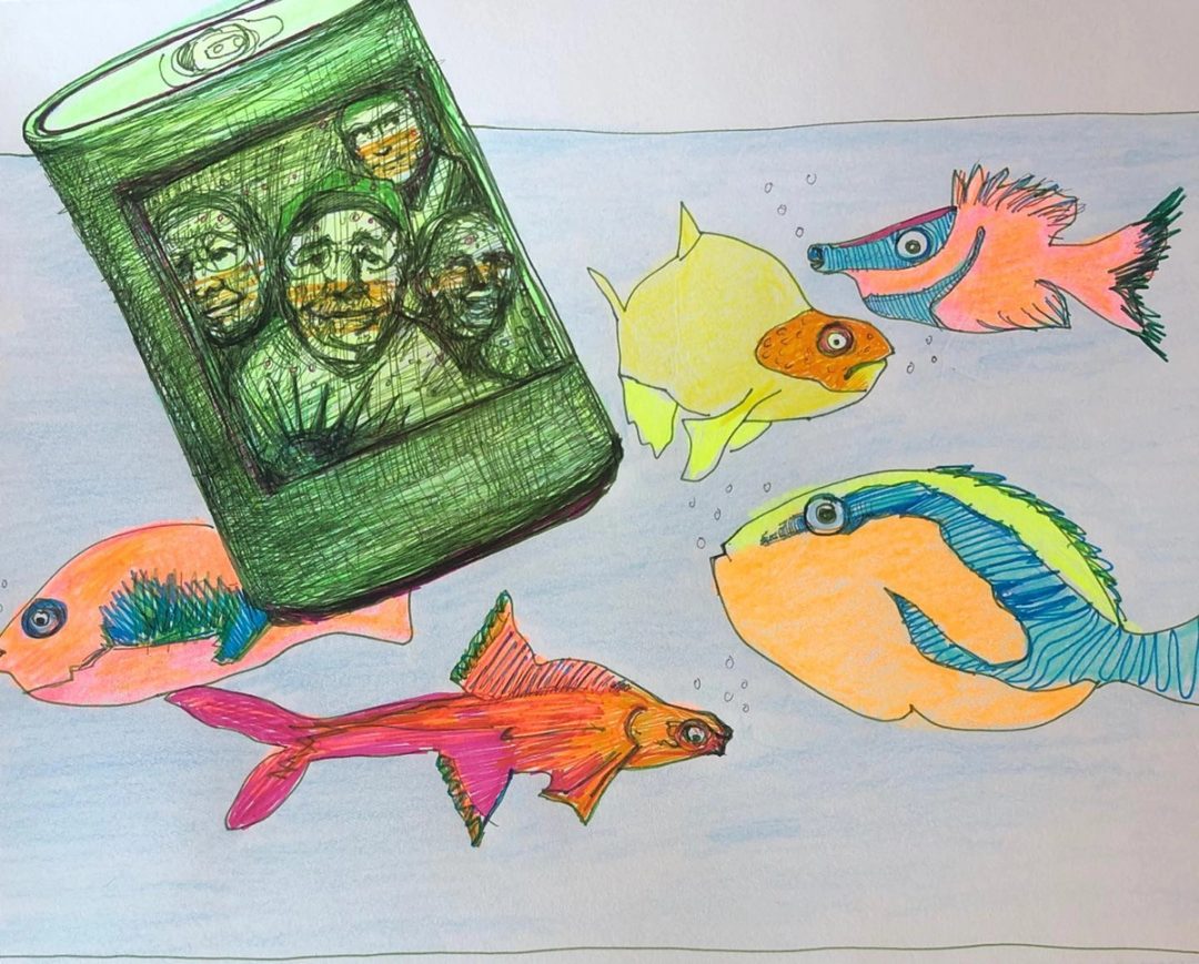Drawing No. 335, 'Six months into the pandemic, lonely fish welcome drop-ins.', posted JUL 29, 2020