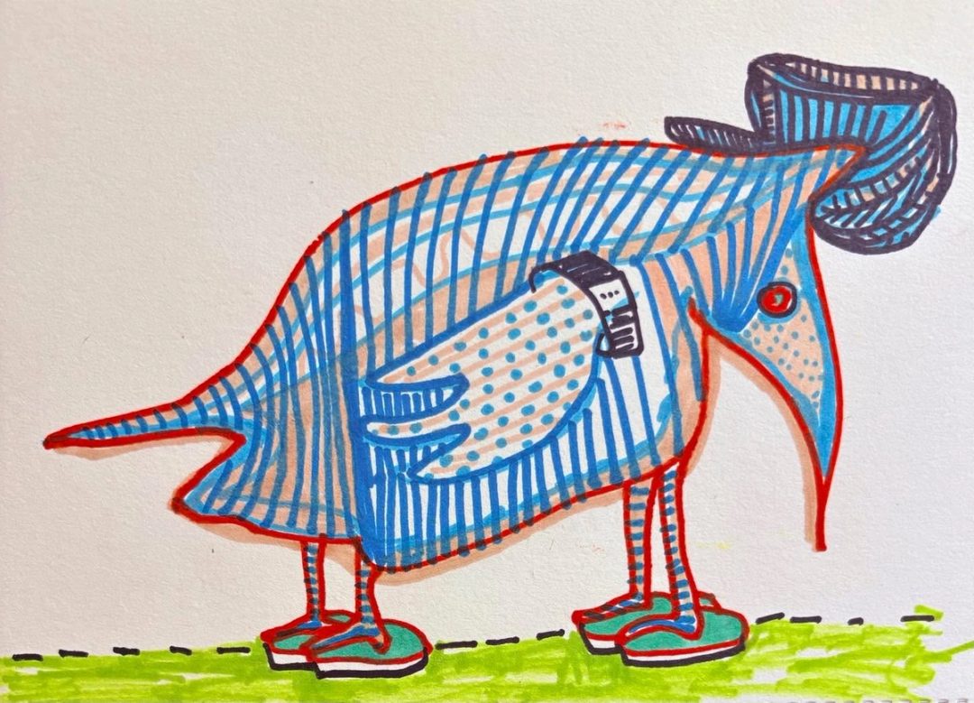 Drawing No. 2,236, 'Born a flying fish, Hackerman evolved into an amphibian, and spent many hours a day counting steps.', posted JUL 14, 2025