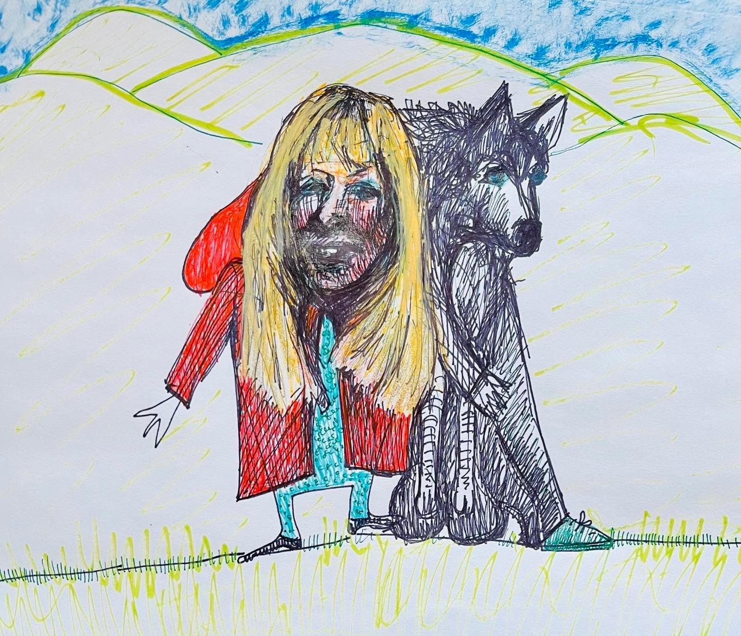 Drawing No. 931, 'Letting bygones be bygones, a more mature little Red Riding-Hood reconnected with the wolf, and now they are refurbishing Granny’s old cottage.', posted FEB 15, 2022