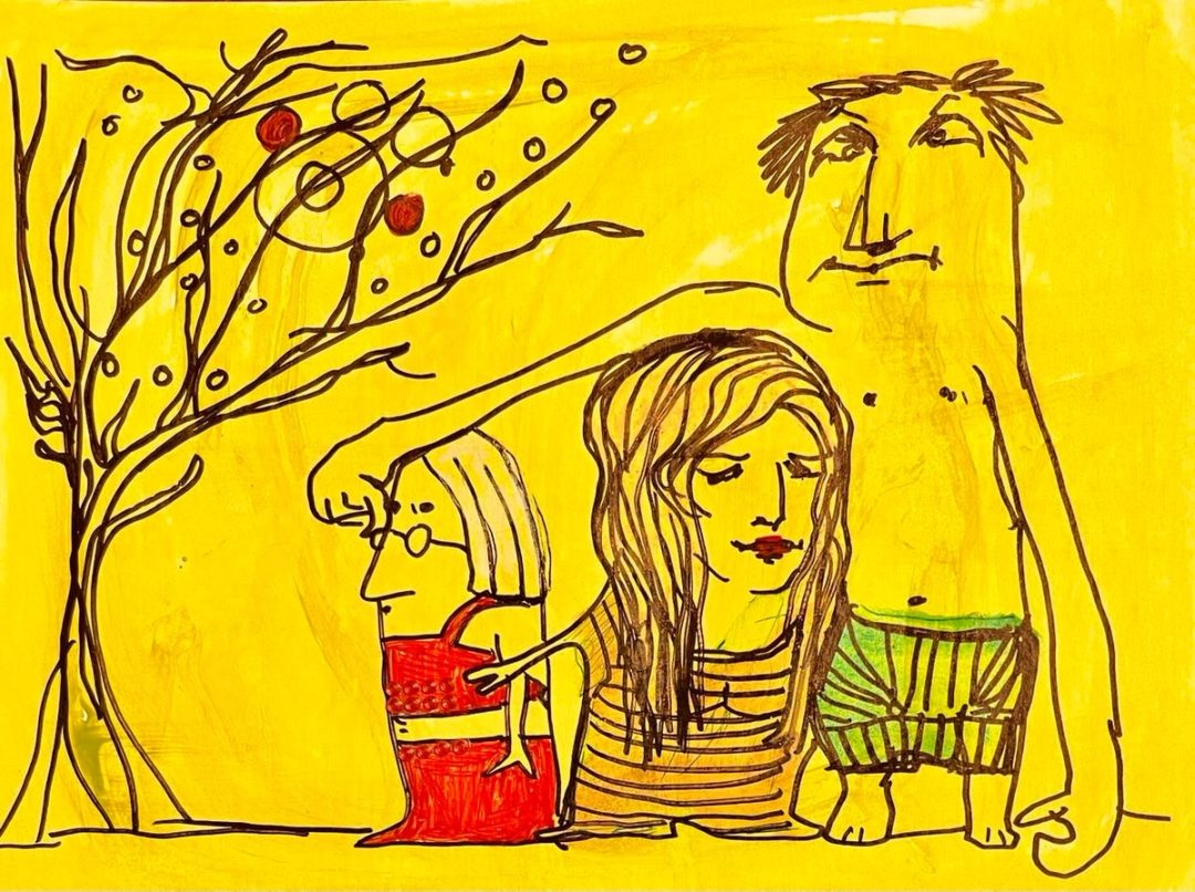 Drawing No. 1,677, 'Adam hated having to cover up when Eve's mother visited.', posted FEB 9, 2024