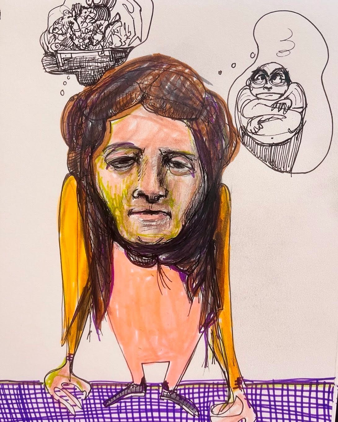 Drawing No. 1,526, 'Ignoring the serenity prayer, Bella ignored her messy desk so she could worry fulltime about Erskine.', posted SEP 18, 2023