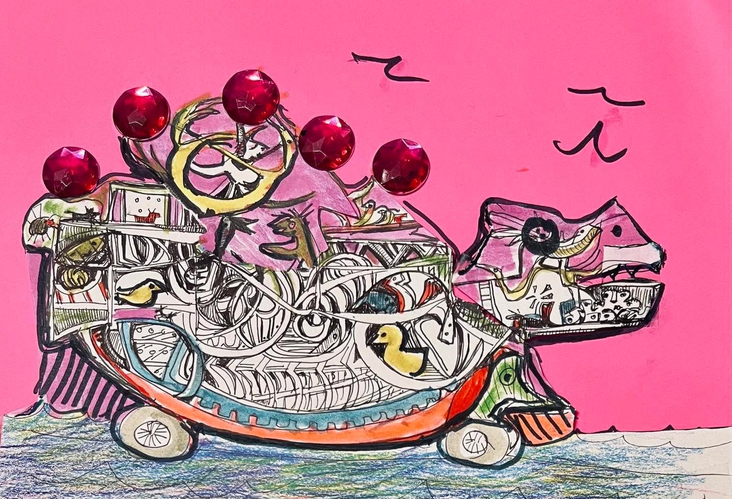Drawing No. 1,988, 'The Barbie-pink sunrise glamorized the 5:00 a.m. ferry ride.', posted NOV 25, 2024